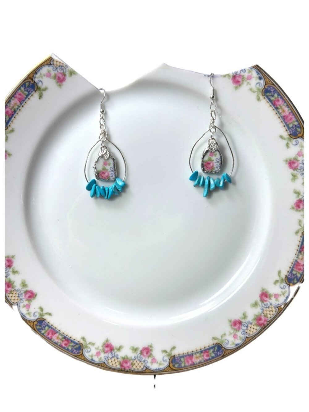Bavaria Franklin 4177 Rose China Earrings - Genuine Turquoise Accents Handmade - Picture 2 of 7